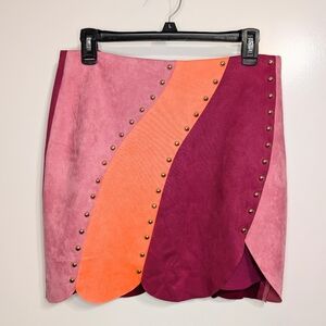 Colorblock Scallop Mini Skirt Studded Pink Orange Women L NWT